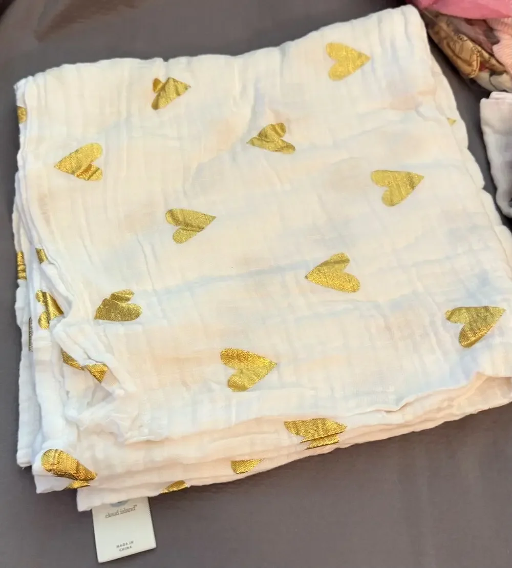 Cloud Island Muslin Swaddle Baby Blanket Gold Hearts 44